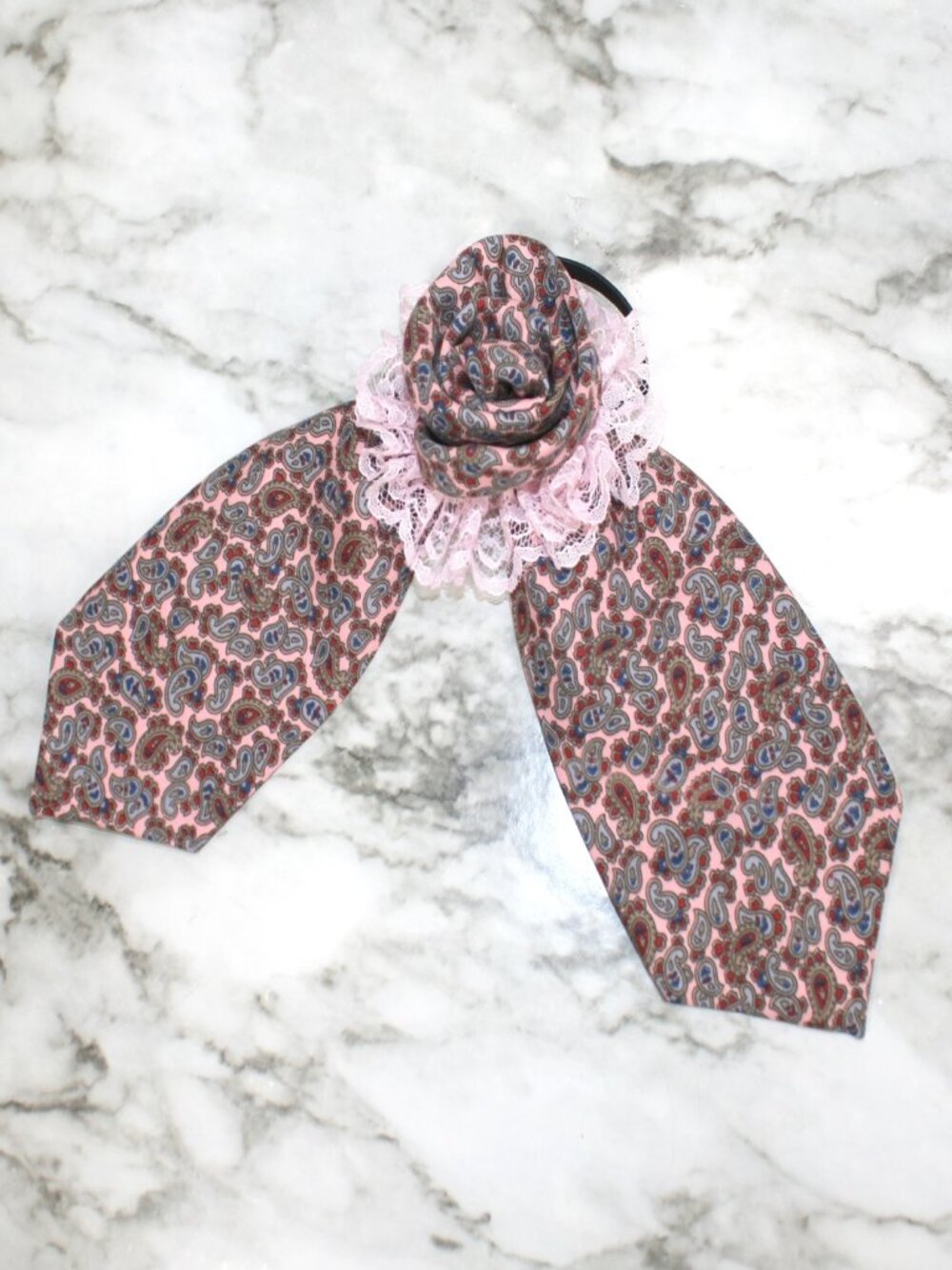 HAND CRAFTED Hair Scrunchy Bow Pink Paisley Floral Upcycled Men's Silk Necktie